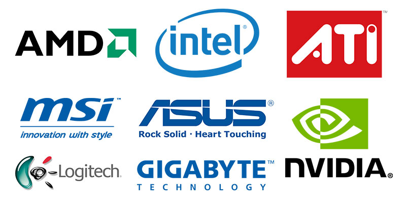 Intel, AMD, ATI, Asus, MSI, Gigabyte, Logitech, Nvidia